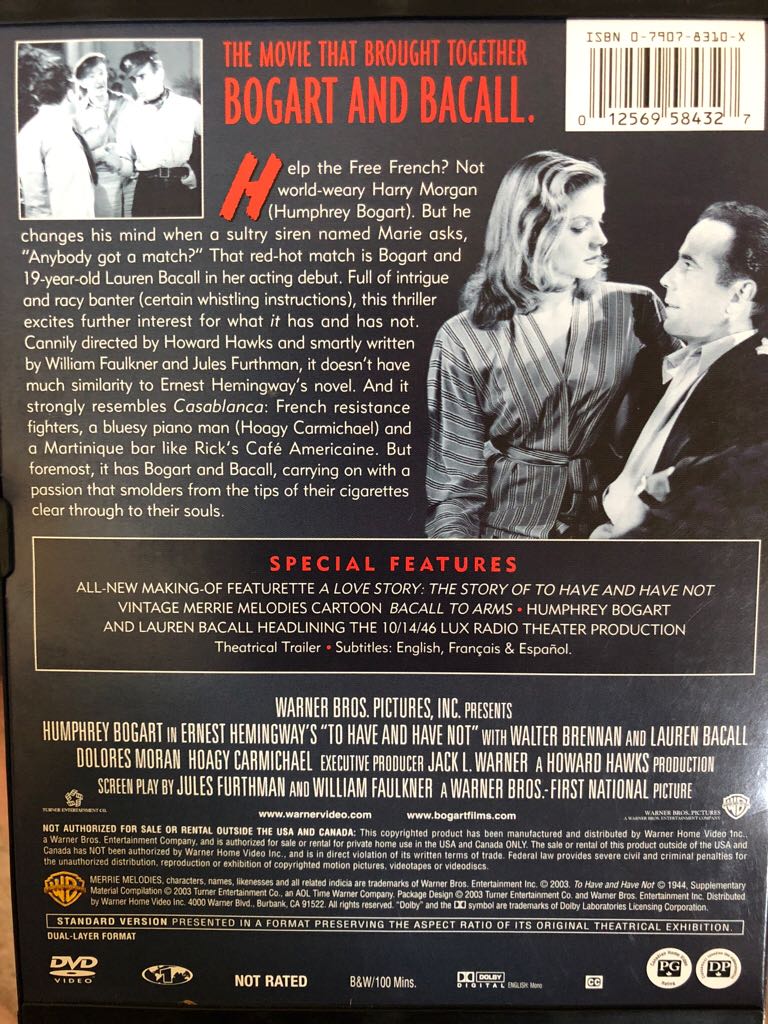 Bogart.  To Have and Have Not DVD movie collectible [Barcode 012569584327] - Main Image 2