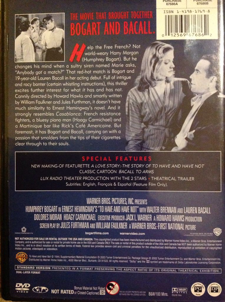 To Have and Have Not DVD movie collectible [Barcode 012569676862] - Main Image 2