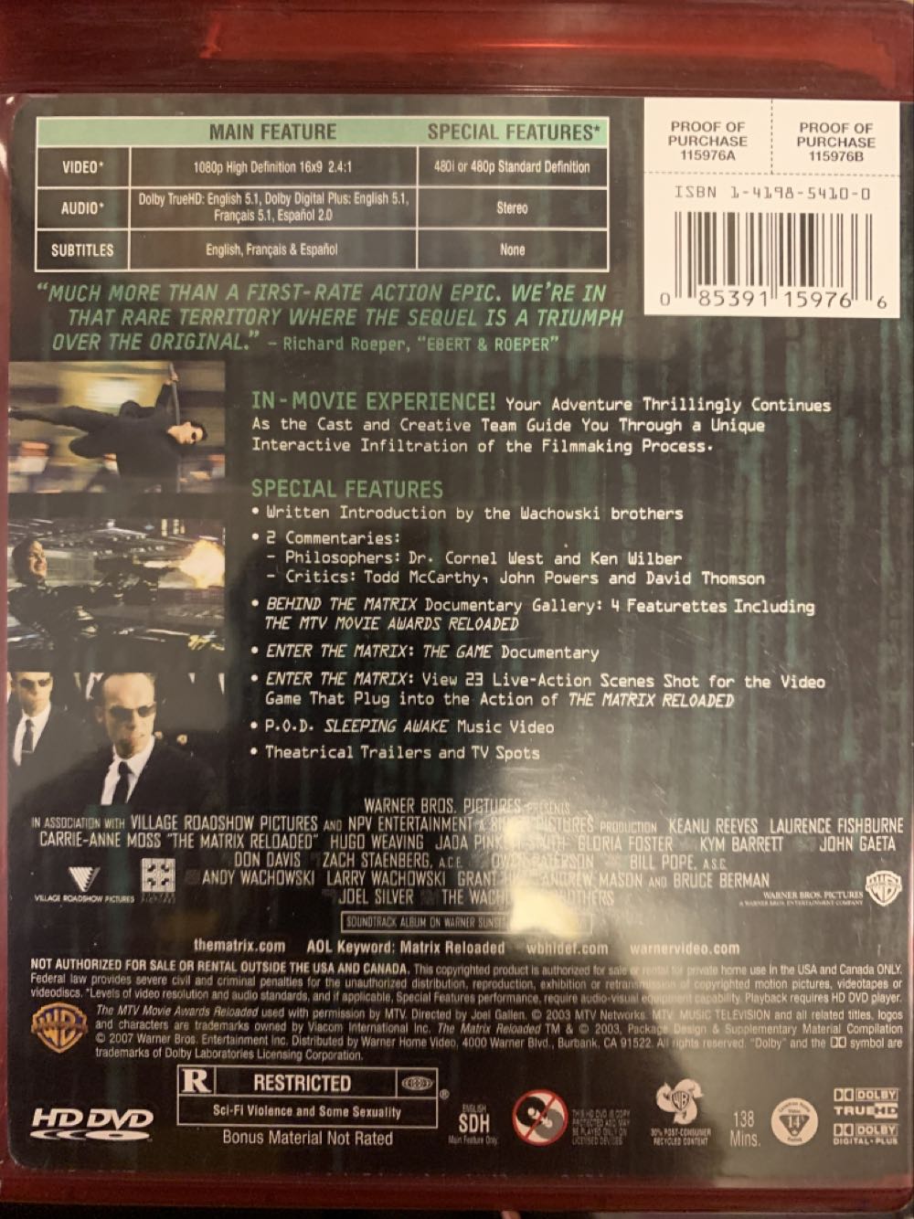 The Matrix Reloaded HD DVD movie collectible [Barcode 085391159766] - Main Image 2