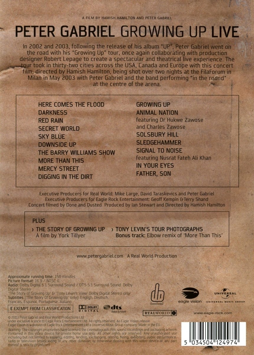Peter Gabriel: Growing Up Live DVD movie collectible [Barcode 5050466859624] - Main Image 2