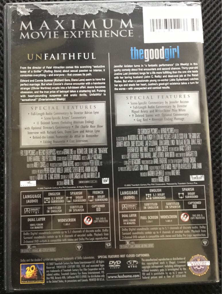 Double Feature: Unfaithful/The Good Girl DVD movie collectible [Barcode 024543451266] - Main Image 2