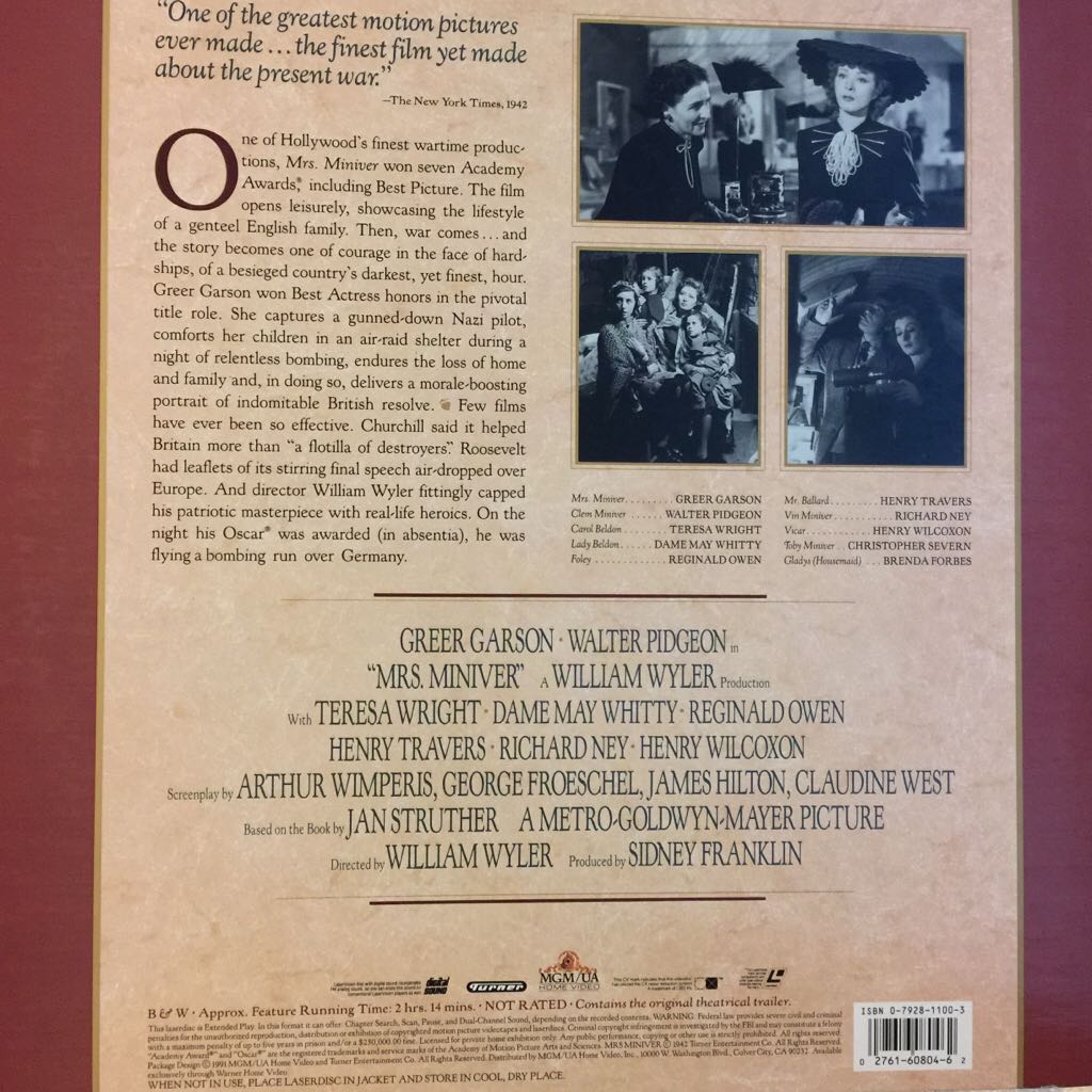 Mrs. Miniver Laser Disc movie collectible [Barcode 027616080462] - Main Image 2