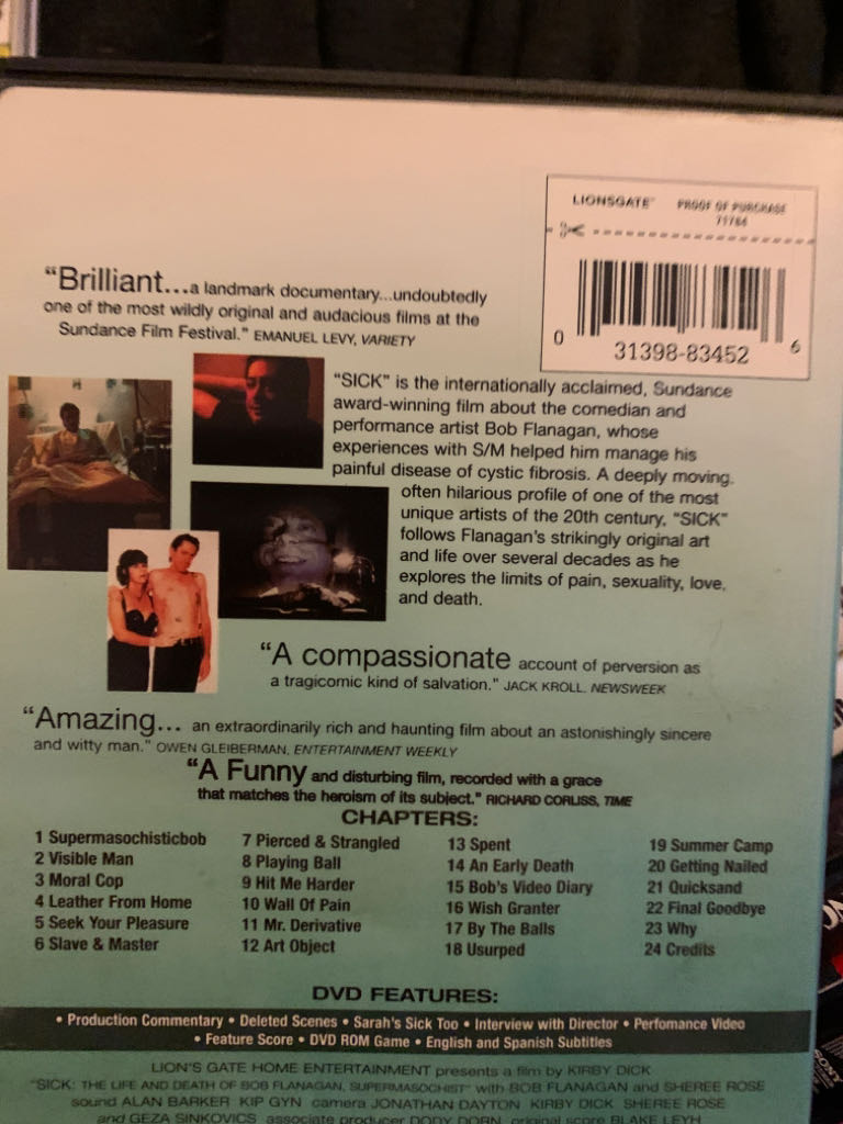 Sick: The Life And Death Of Bob Flanagan Super Masochist DVD movie collectible [Barcode 031398834526] - Main Image 2