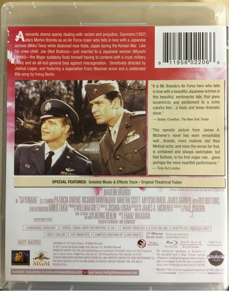 Sayonara Blu-ray movie collectible [Barcode 811956022066] - Main Image 2