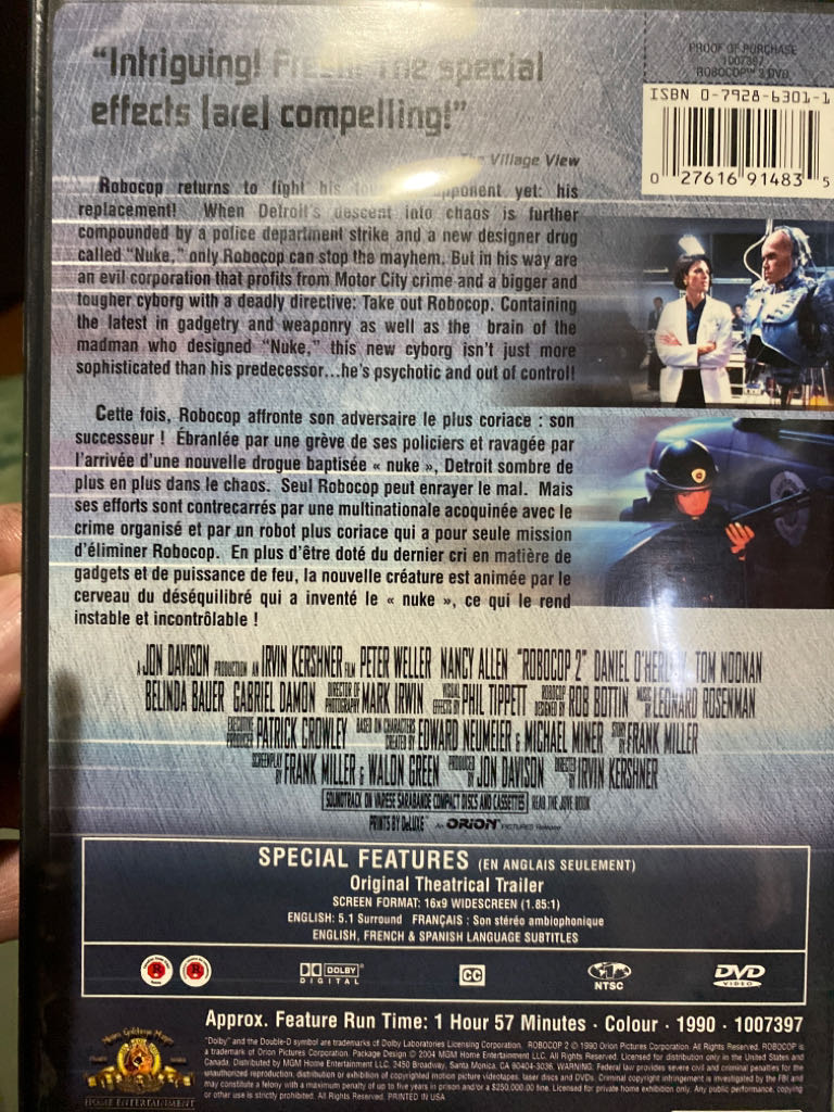 RoboCop 2 DVD movie collectible [Barcode 027616914835] - Main Image 2