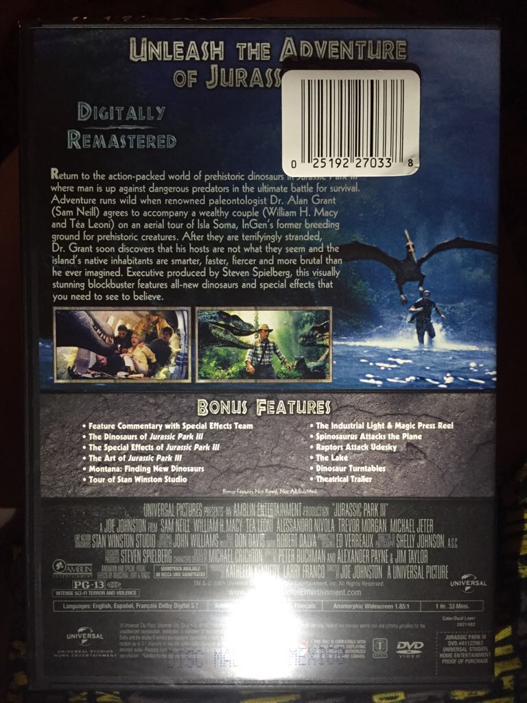Jurassic Park 3 DVD movie collectible [Barcode 025192148705] - Main Image 2