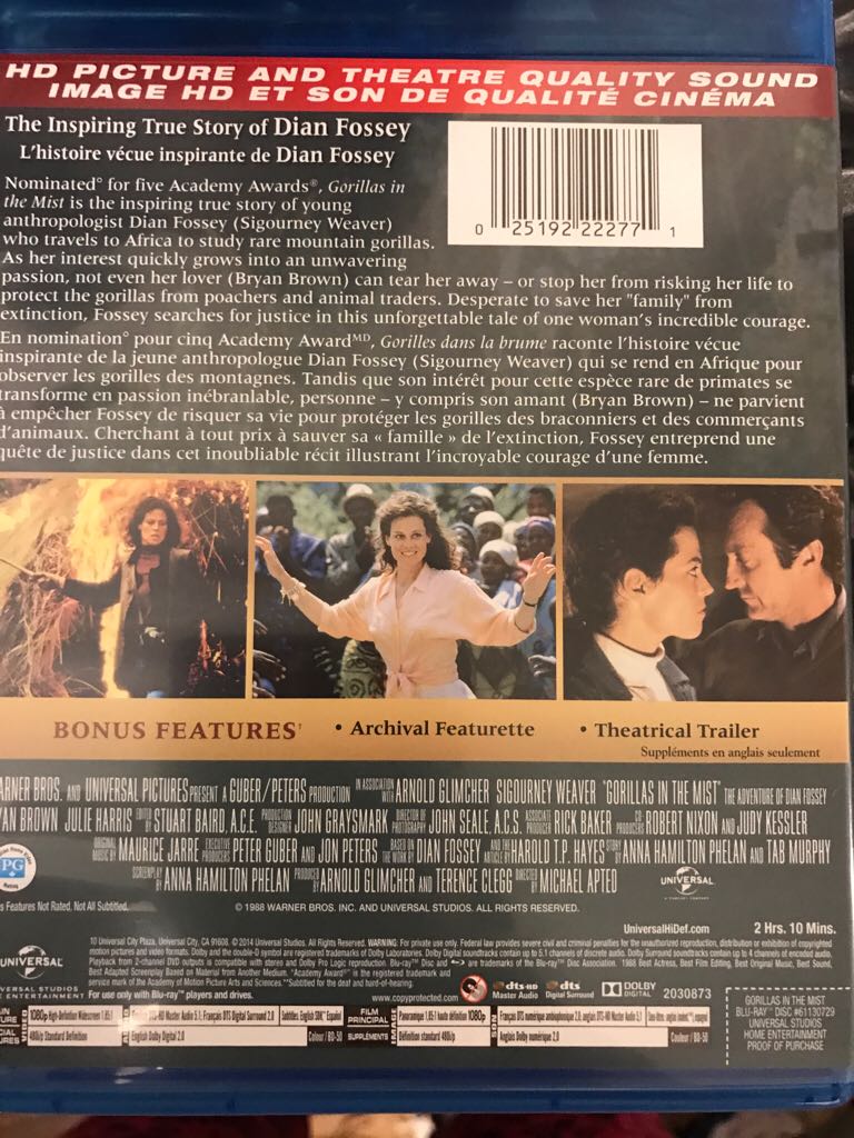 Gorillas in the Mist Blu-ray movie collectible [Barcode 025192222771] - Main Image 2