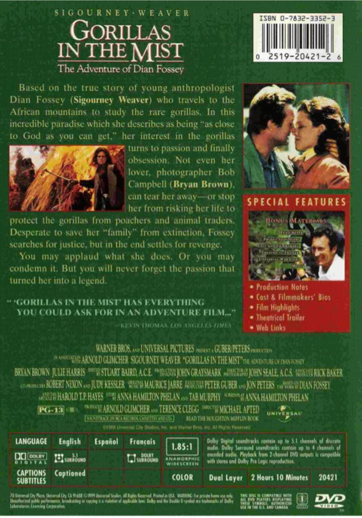 Gorillas In The Mist DVD movie collectible [Barcode 7321900118545] - Main Image 2