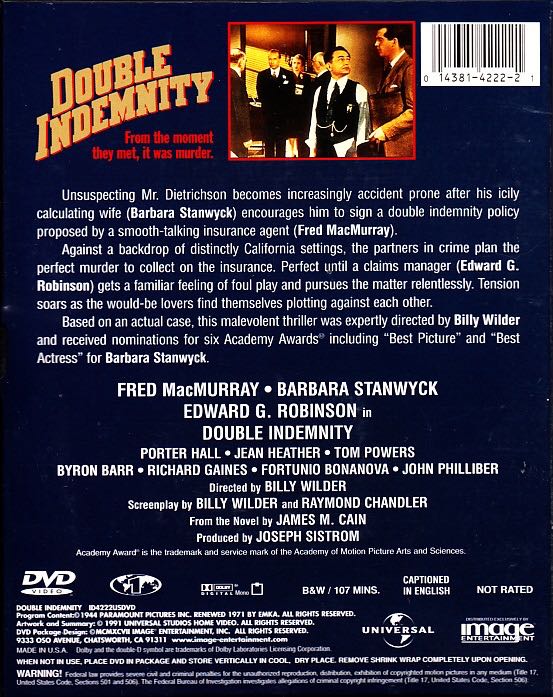 (002) Double Indemnity DVD-R movie collectible [Barcode 014381422221] - Main Image 2