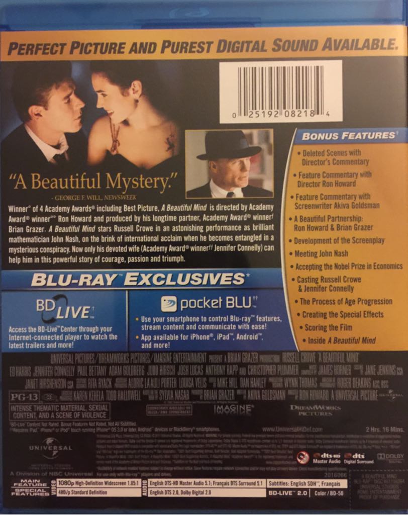 A Beautiful Mind Blu-ray movie collectible [Barcode 025192082184] - Main Image 2
