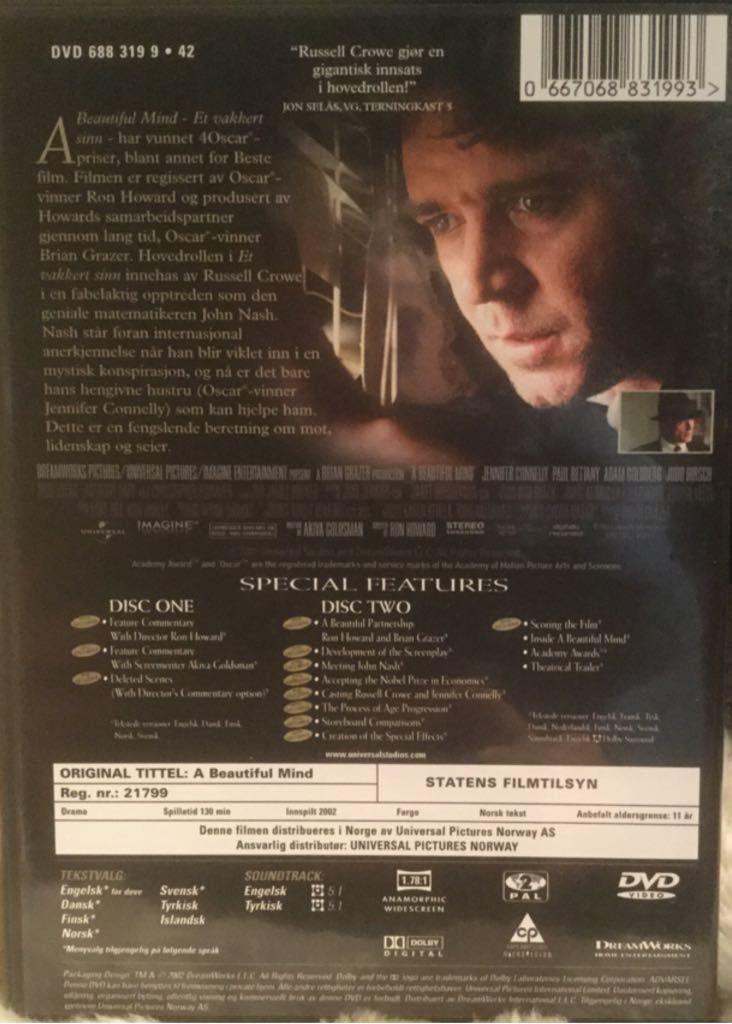 Kaunis Mieli - A Beautiful Mind DVD movie collectible [Barcode 667068831993] - Main Image 2