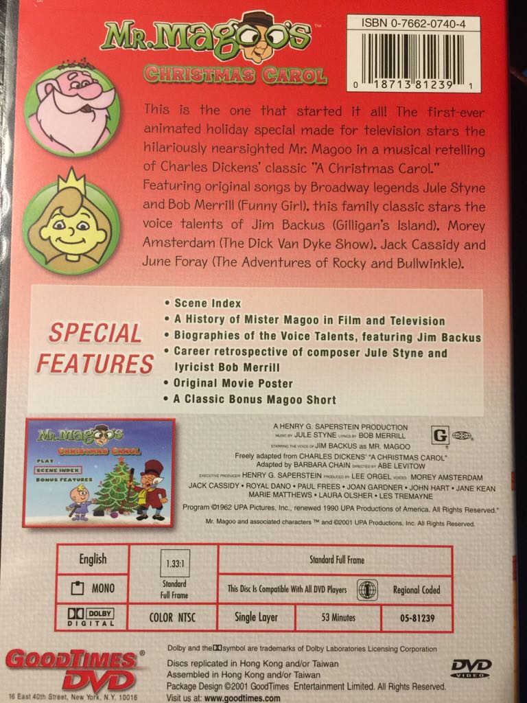 Mr. Magoos Christmas Carol DVD movie collectible [Barcode 018713812391] - Main Image 2