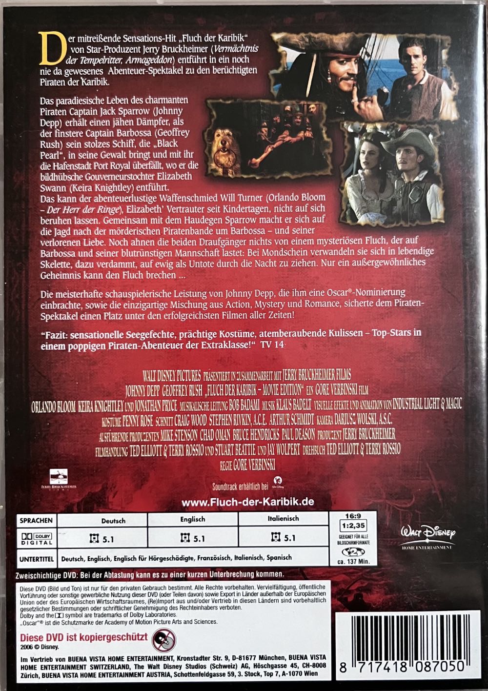Fluch der Karibik - The Curse of the Black Pearl DVD movie collectible [Barcode 8717418087050] - Main Image 2