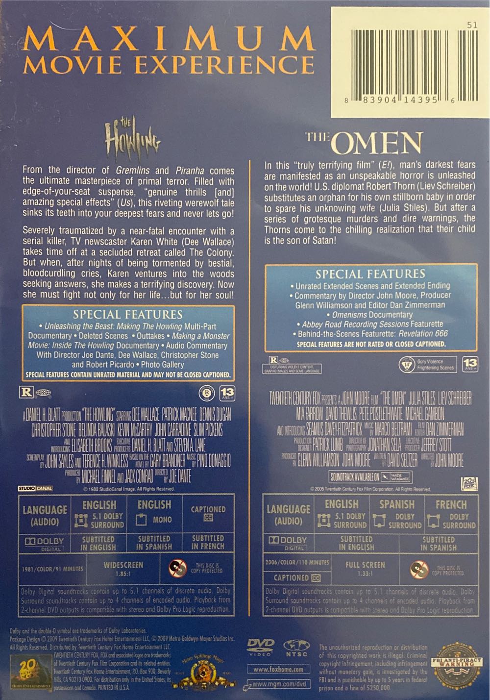 The Howling and The Omen DVD movie collectible [Barcode 883904143956] - Main Image 2