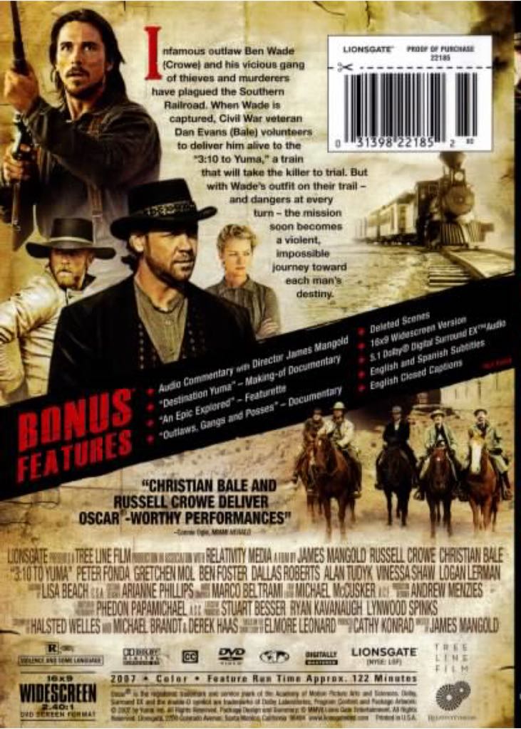 3:10 to Yuma DVD movie collectible [Barcode 057373178393] - Main Image 2