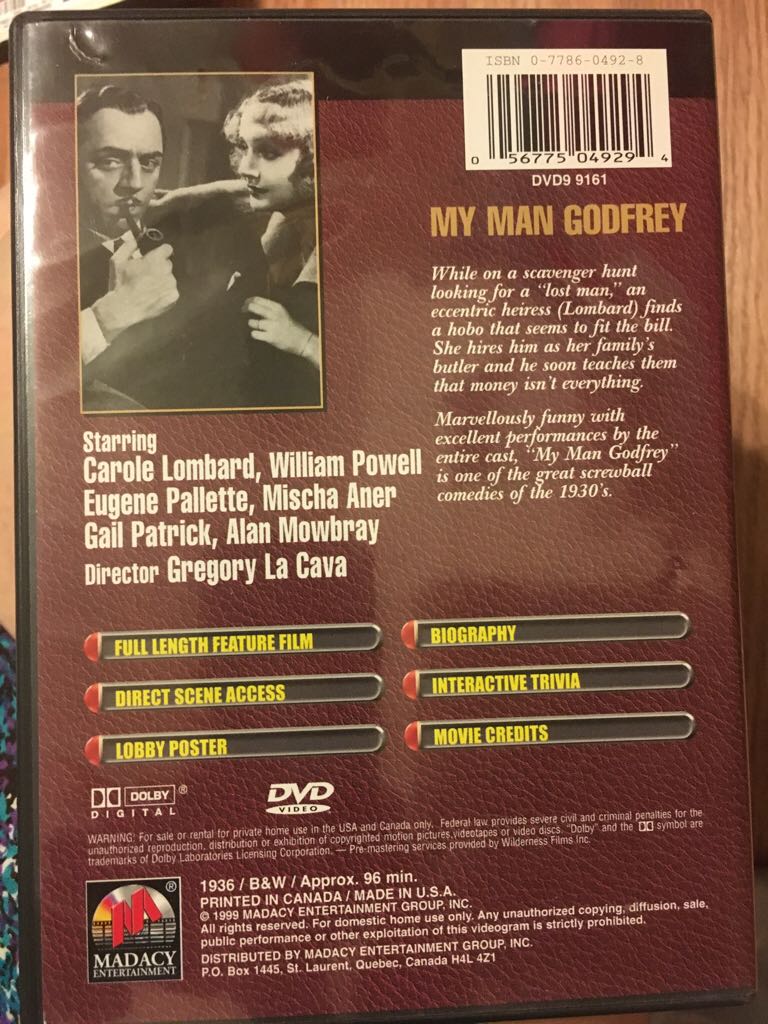 My Man Godfrey Under Med DVD movie collectible [Barcode 056775049294] - Main Image 2