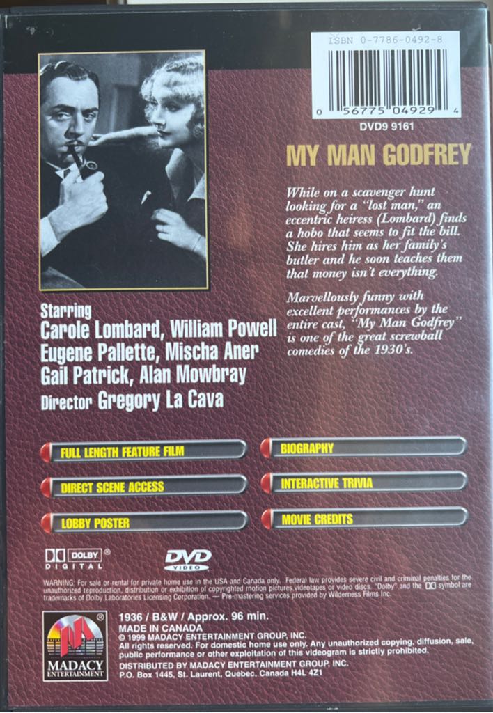 My Man Godfrey DVD movie collectible [Barcode 5060033472231] - Main Image 2