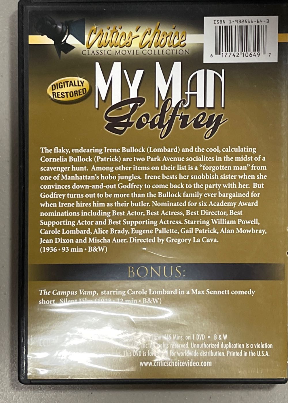 My Man Godfrey - William Powell, Carole Lombard, Jean Dixon DVD movie collectible [Barcode 617742106497] - Main Image 2