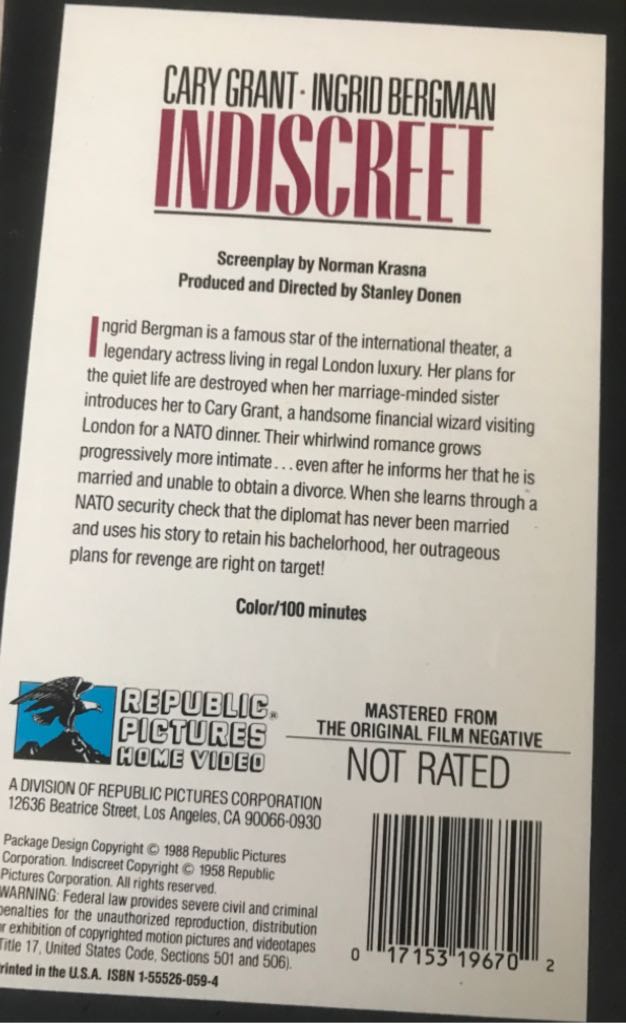 Indiscreet VHS movie collectible [Barcode 017153196702] - Main Image 2
