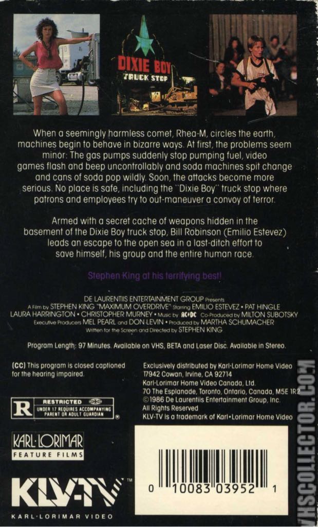 Maximum Overdrive VHS movie collectible [Barcode 010083039514] - Main Image 2