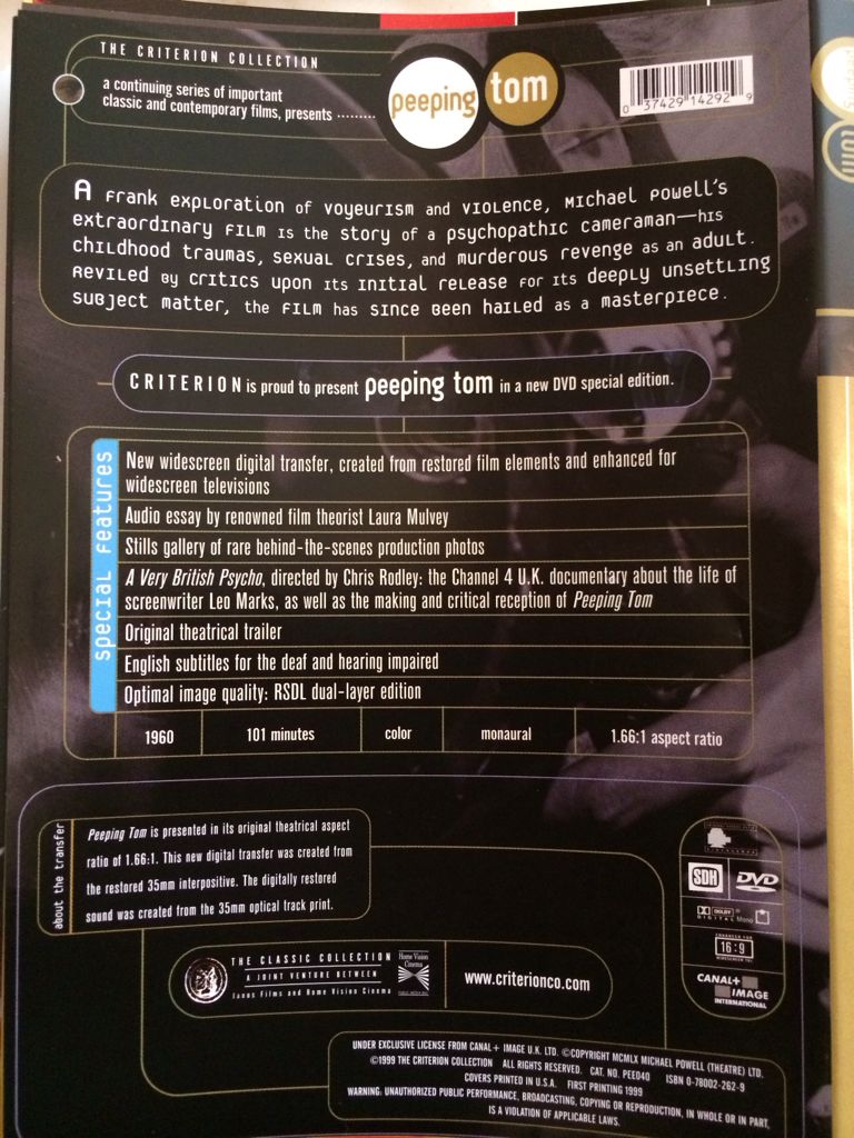 Peeping Tom DVD movie collectible [Barcode 037429142929] - Main Image 2