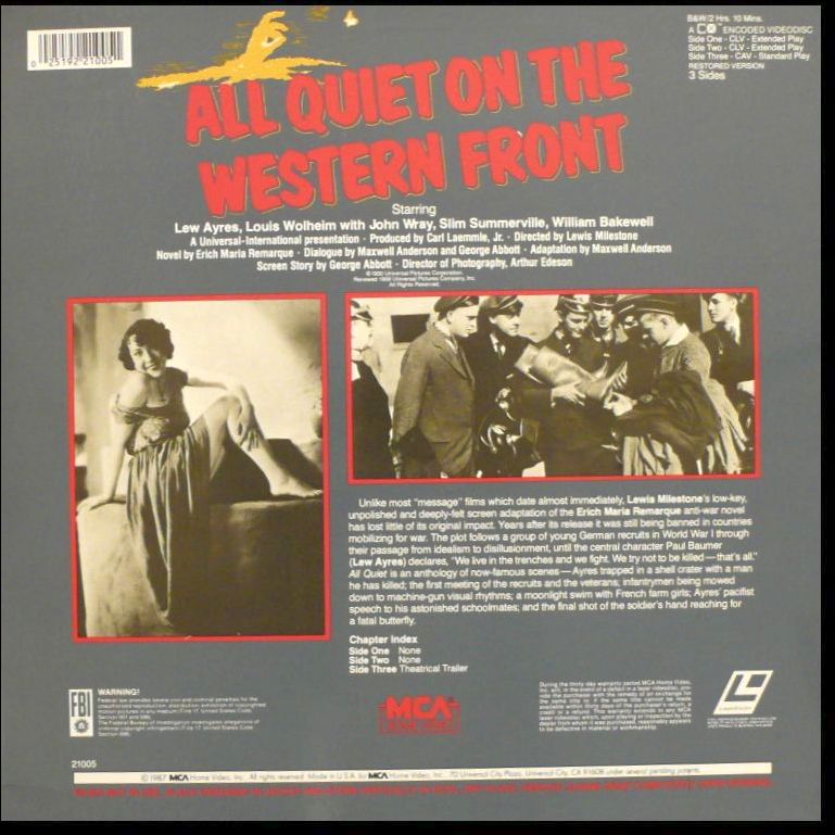 All Quiet on the Western Front Laser Disc movie collectible [Barcode 025192210051] - Main Image 2