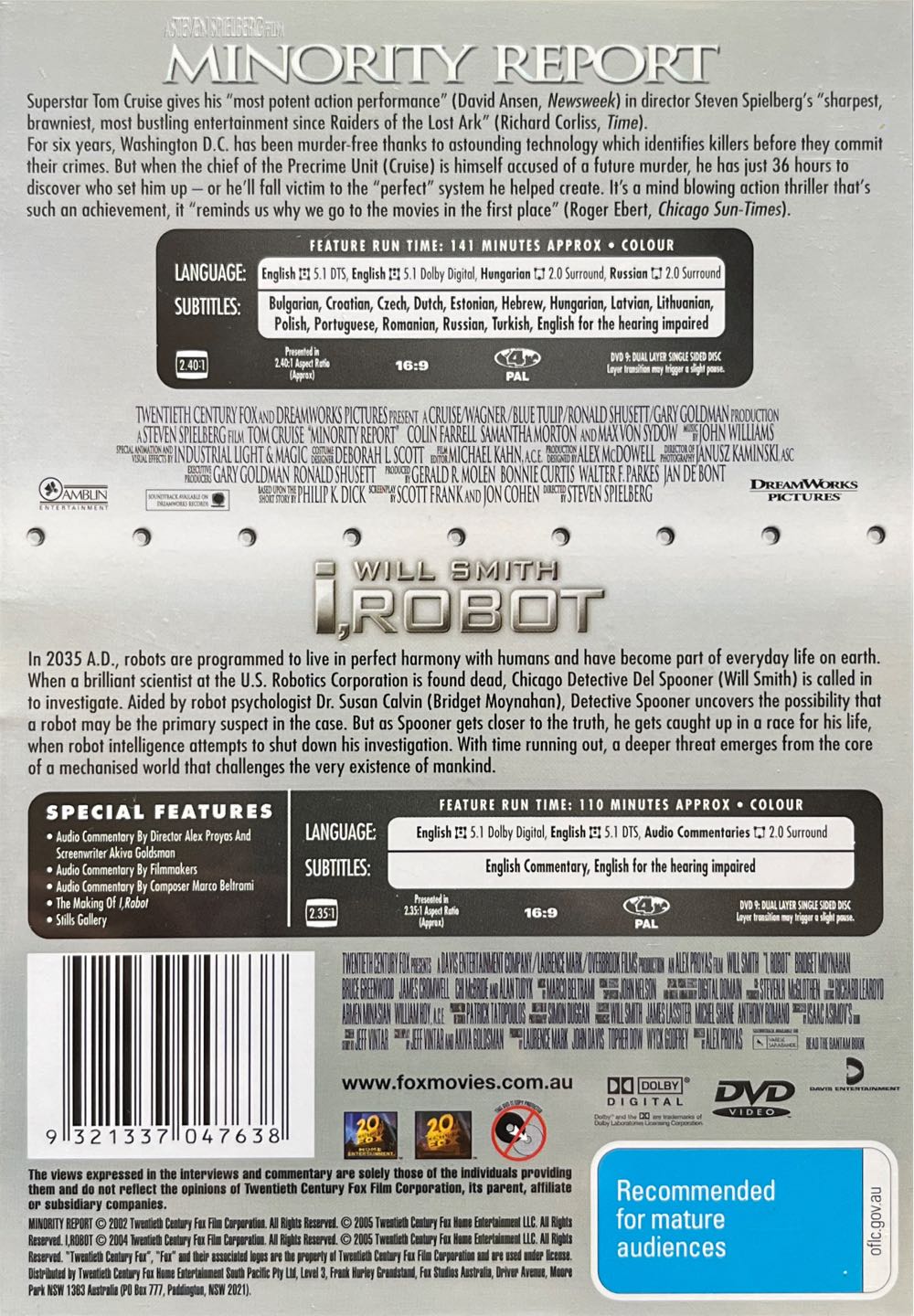 Minority Report/IRobot DVD movie collectible [Barcode 9321337047638] - Main Image 2