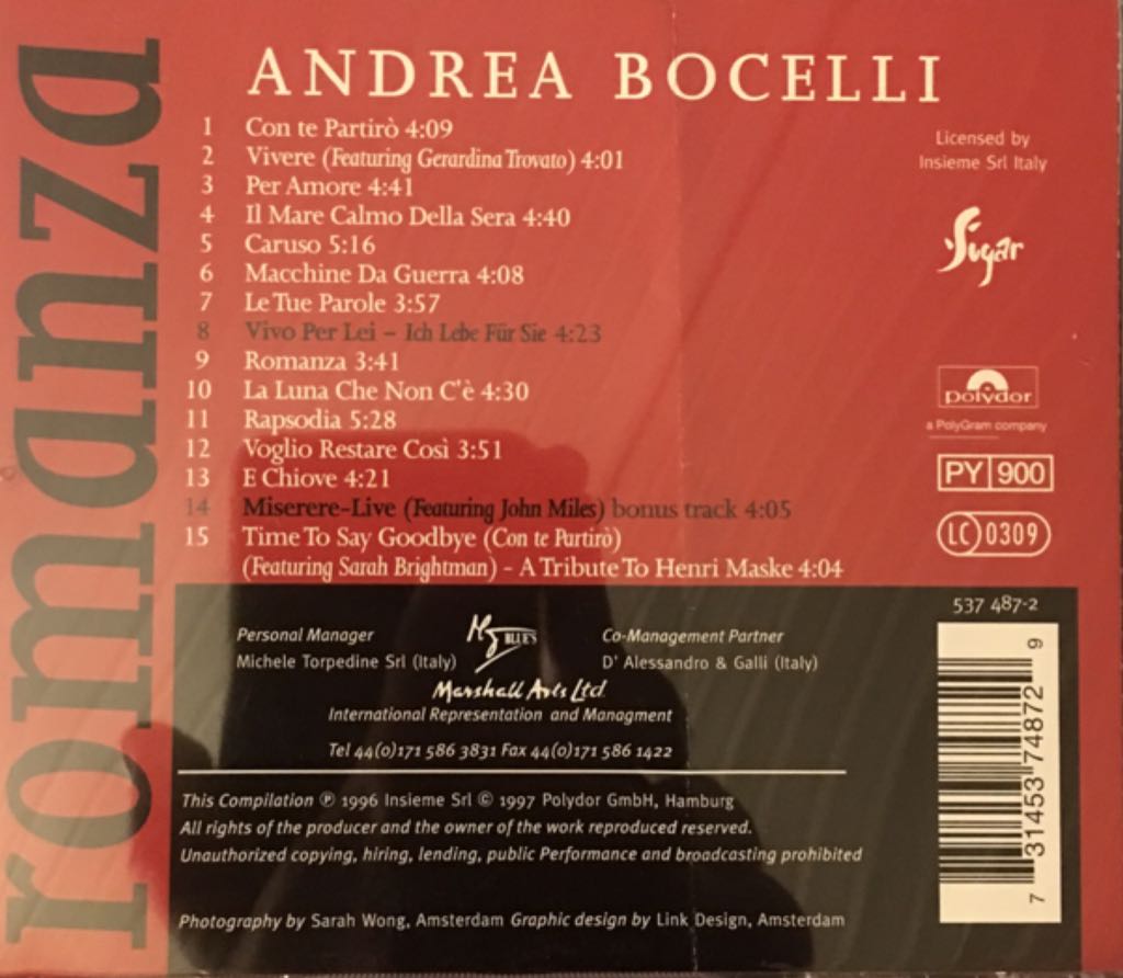 Romanza - Andrea Bocelli (CD) music collectible [Barcode 731453748729] - Main Image 2