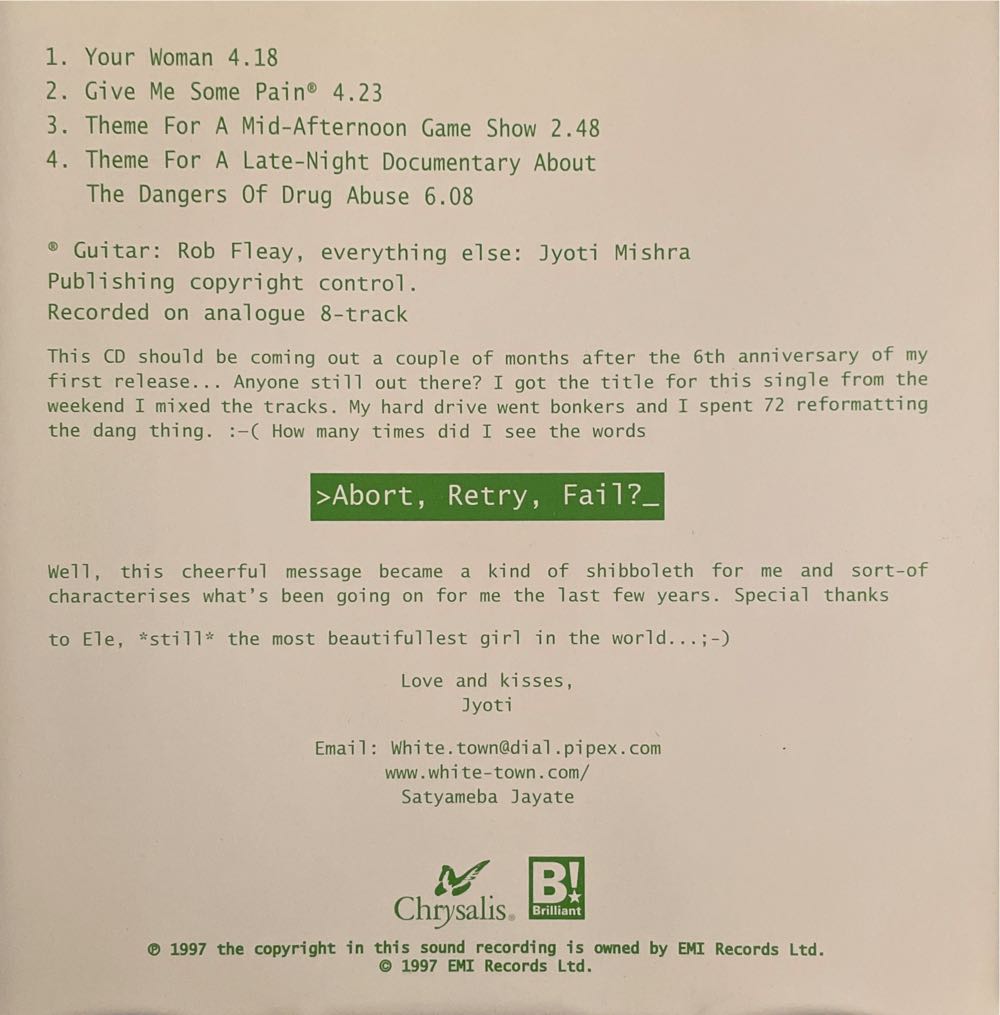 Your Woman - White Town (CD - 18) music collectible [Barcode 724388362924] - Main Image 3