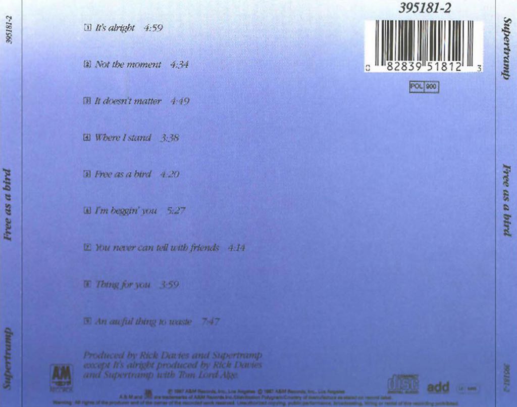 Free As A Bird - Supertramp (CD - 45) music collectible [Barcode 075021518124] - Main Image 2