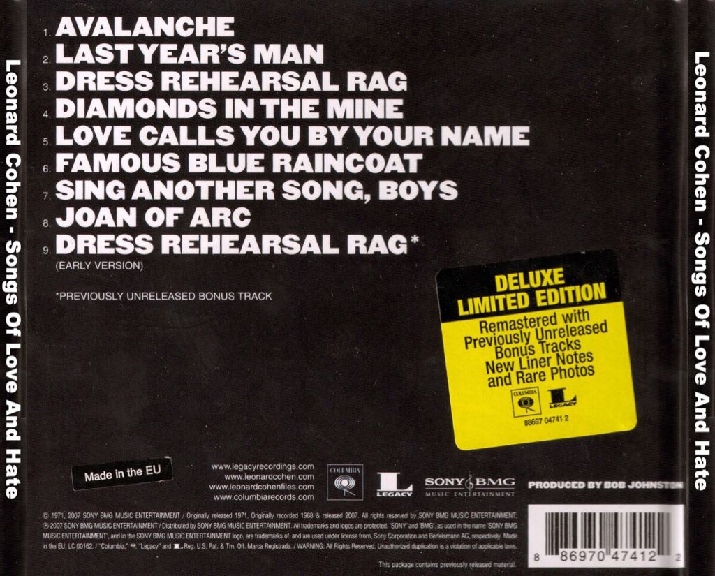 Songs Of Love And Hate - Leonard Cohen (CD) music collectible [Barcode 886970474122] - Main Image 2