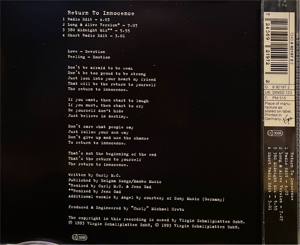 Return To Innocence - Enigma (CD) music collectible [Barcode 724389219722] - Main Image 3