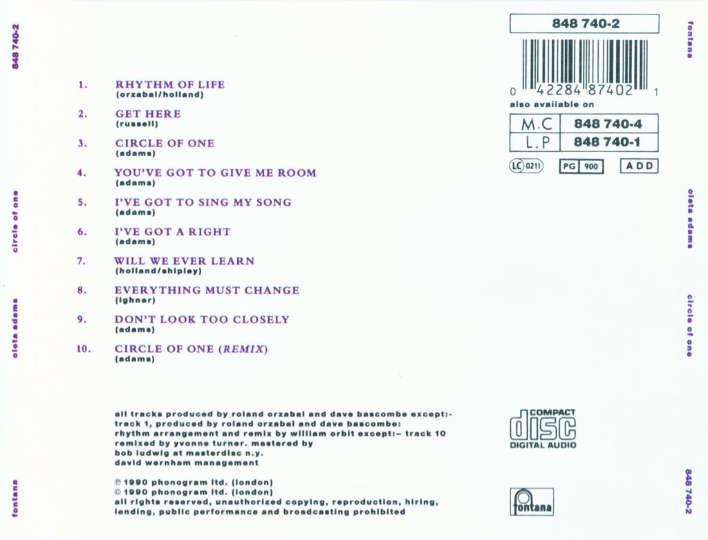 Circle Of One - Oleta Adams (CD) music collectible [Barcode 042284874021] - Main Image 2