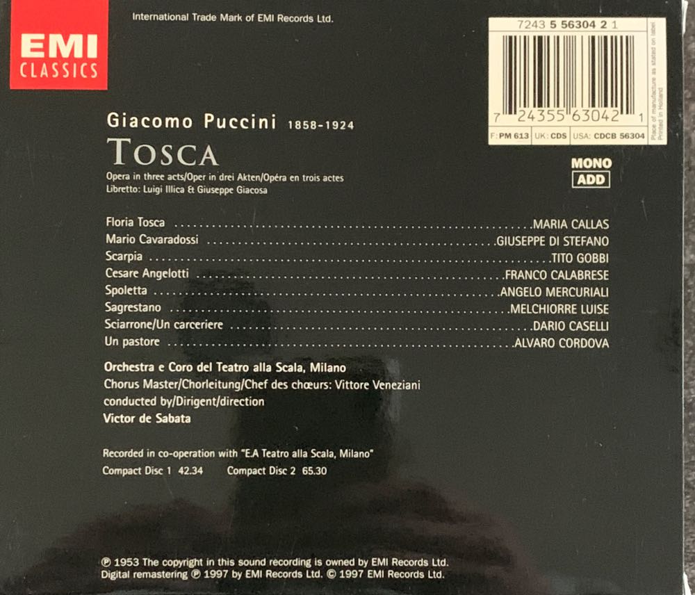 Puccini: Tosca (complete opera) with Maria Callas, Giuseppe di Stefano, Tito Gobbi, Victor de Sabata, Chorus & Orchestra of La Scala, Milan - Giacomo Puccini (CD) music collectible [Barcode 724355630421] - Main Image 2