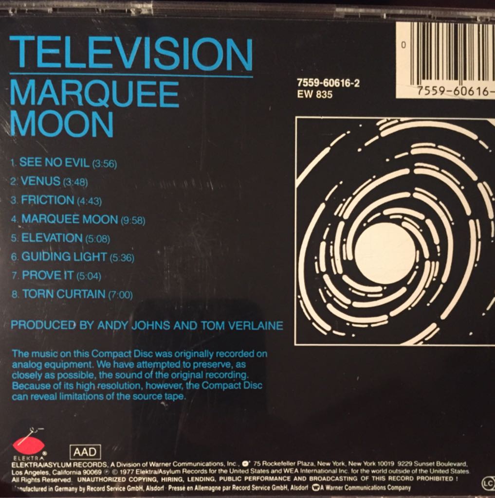 Marquee Moon - Television (CD - 45:54) music collectible [Barcode 075596061629] - Main Image 2