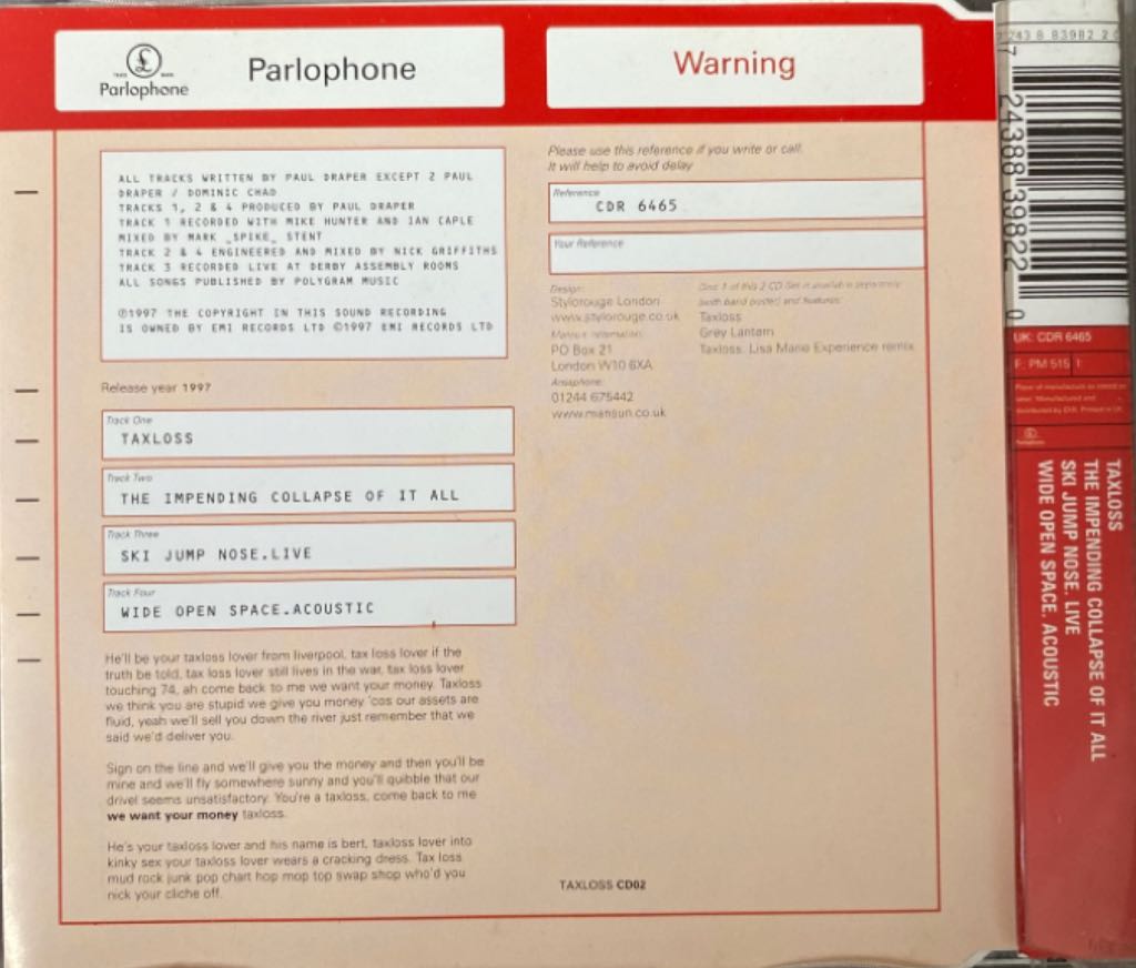 Taxloss (CD2) - Mansun (CD) music collectible [Barcode 724388398220] - Main Image 2