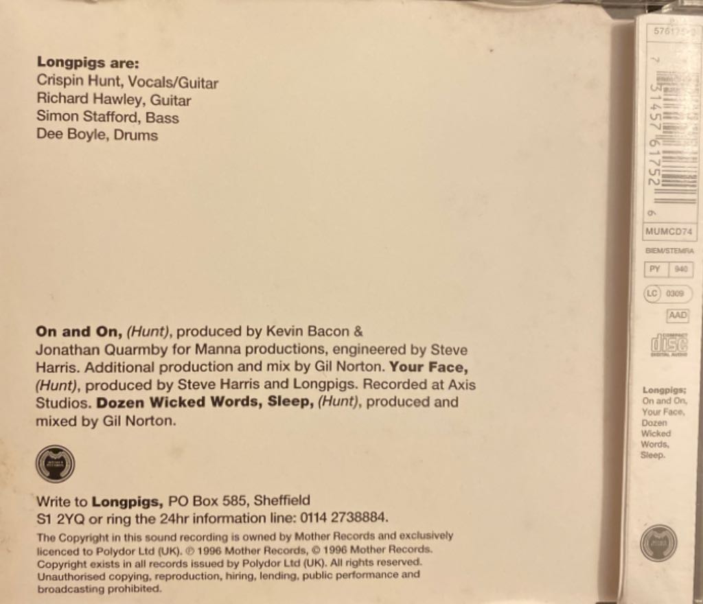 On And On - Longpigs (CD) music collectible [Barcode 731457617526] - Main Image 2