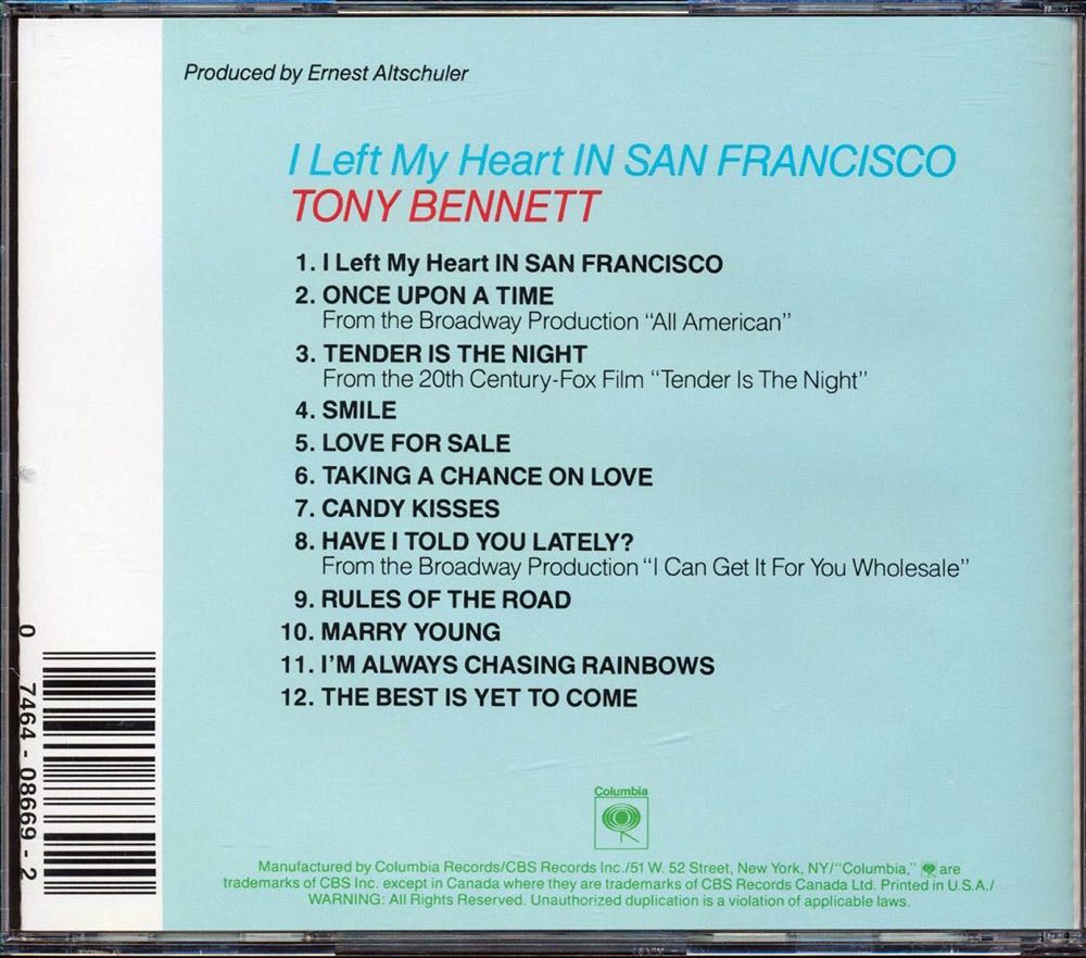 I Left My Heart IN SAN FRANCISCO - Bennett,  Tony (CD - 31:54) music collectible [Barcode 074640866920] - Main Image 2