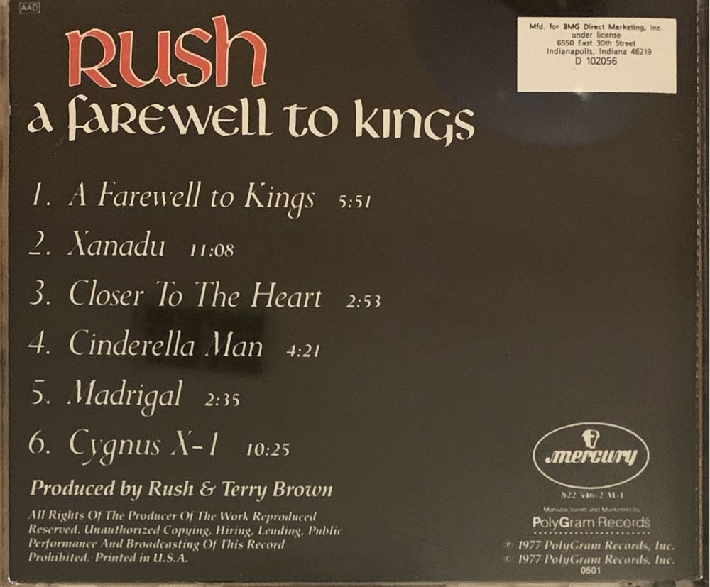 A Farewell To Kings - Rush (CD - 3713) music collectible [Barcode 066825101025] - Main Image 4