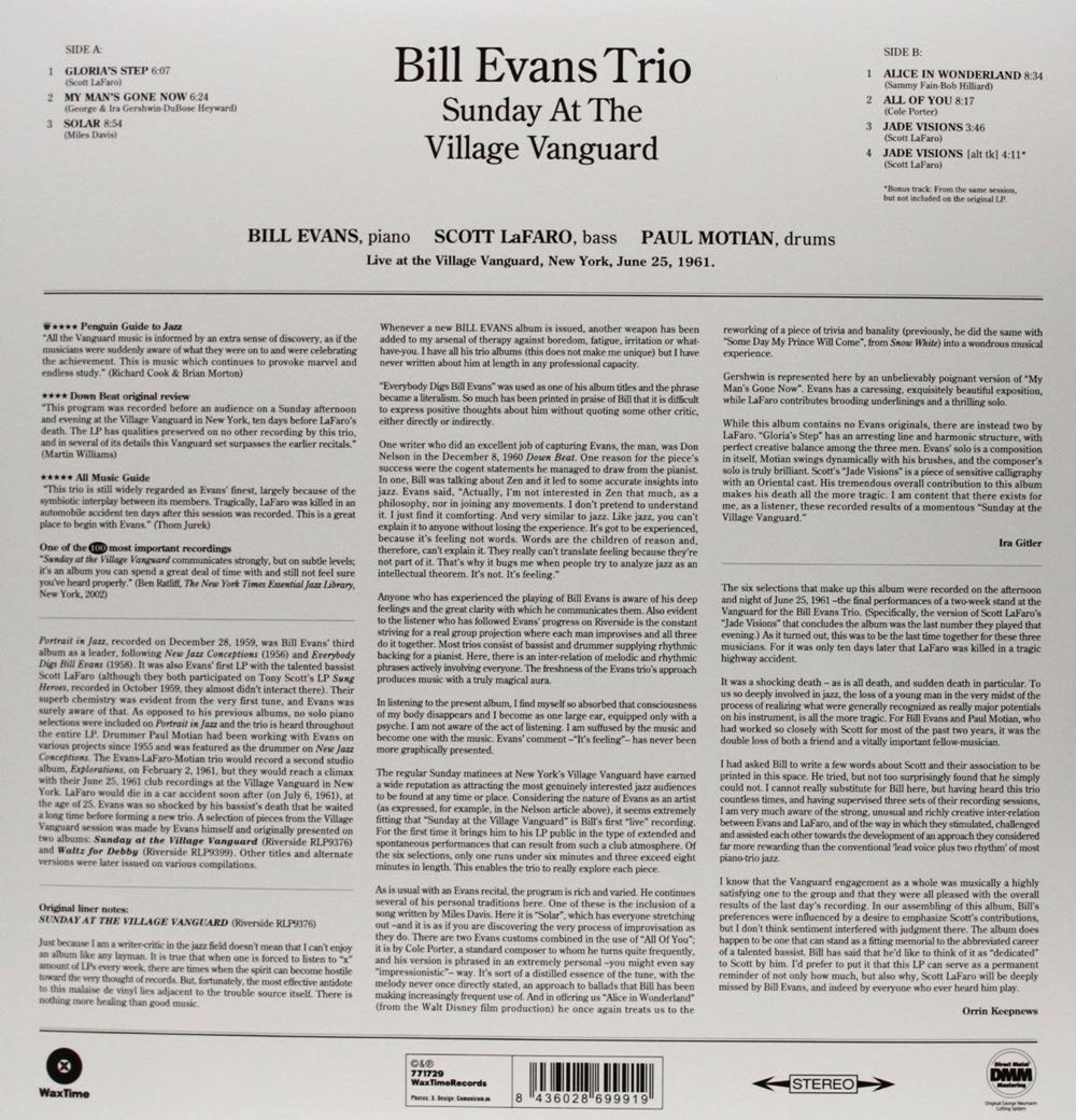 Sunday At The Village Vanguard - Evans, Bill (12”) music collectible [Barcode 8436028699919] - Main Image 3