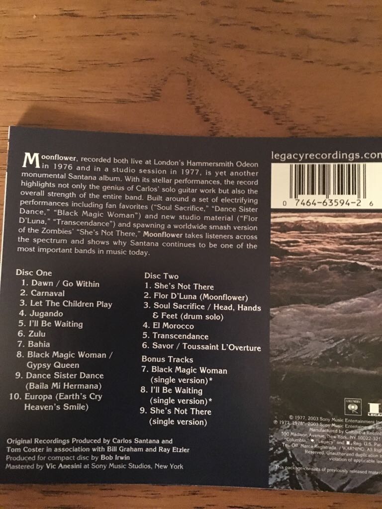 Moonflower (Bonus Tracks) (2003 Remaster) (MP3) - Santana (CD - 41) music collectible [Barcode 074646359426] - Main Image 2