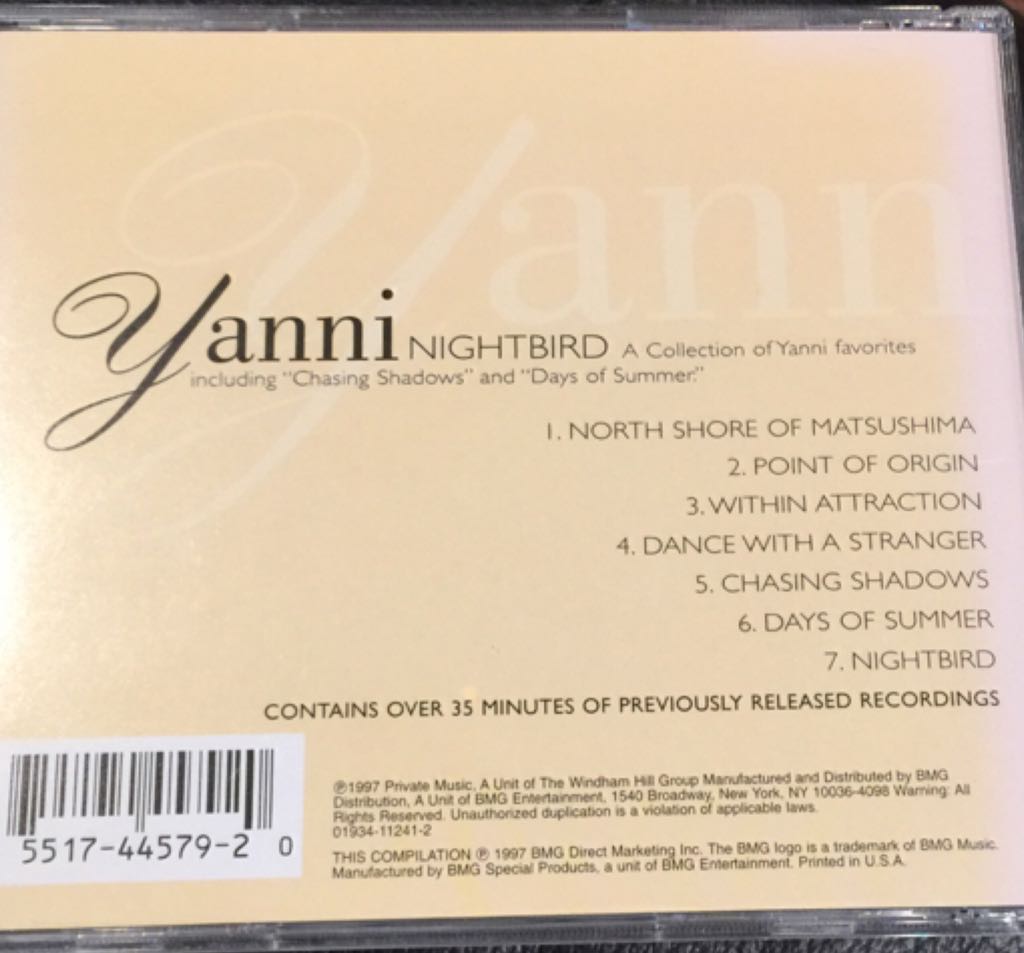 Nightbird: Encore Collection - Yanni (CD) music collectible [Barcode 755174457920] - Main Image 2