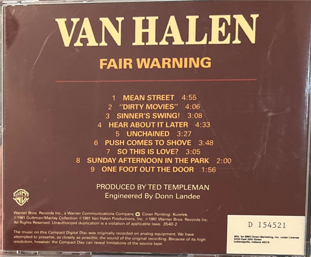 Fair Warning - Van Halen (CD - 31) music collectible [Barcode 0093624774020] - Main Image 3