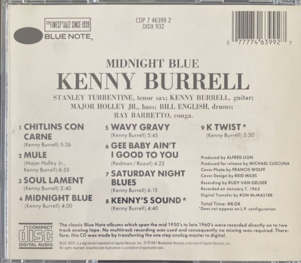 Midnight Blue - Kenny Burrell (CD - 53) music collectible [Barcode 077774639927] - Main Image 2