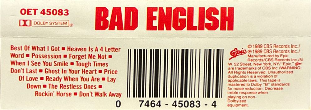 Bad English - Bad English (Cassette - 62) music collectible [Barcode 074644508345] - Main Image 3