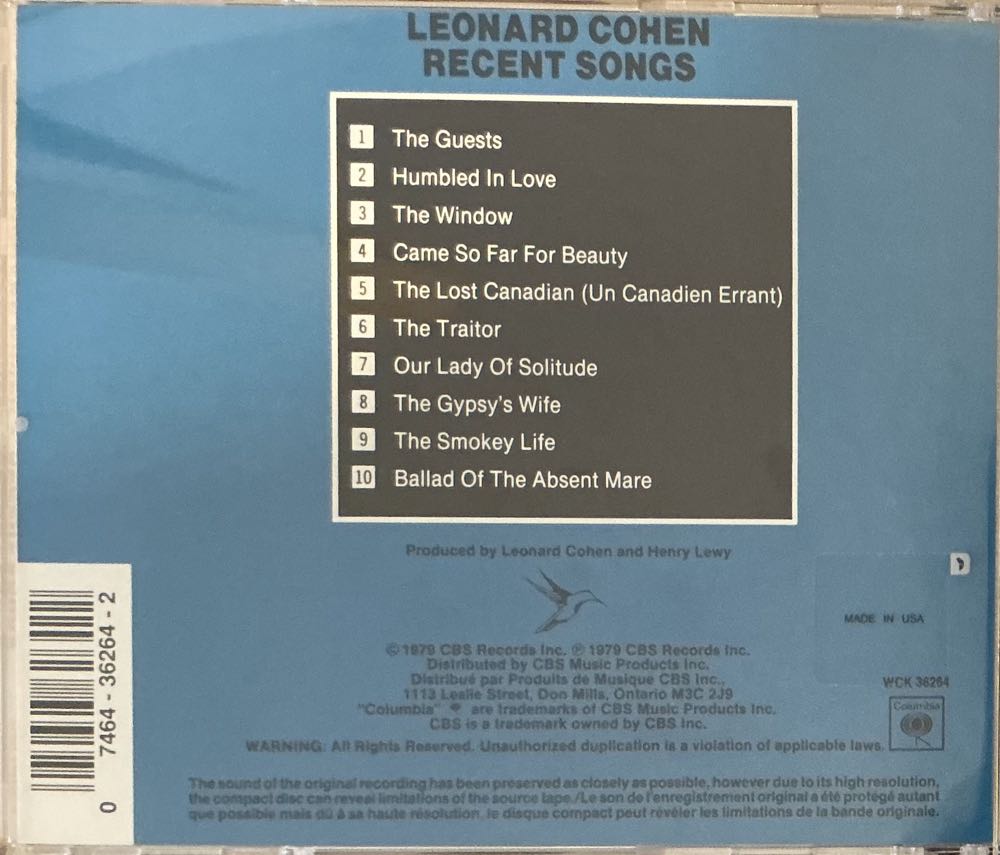 Recent Songs - Cohen, Leonard (CD) music collectible [Barcode 074643626422] - Main Image 4