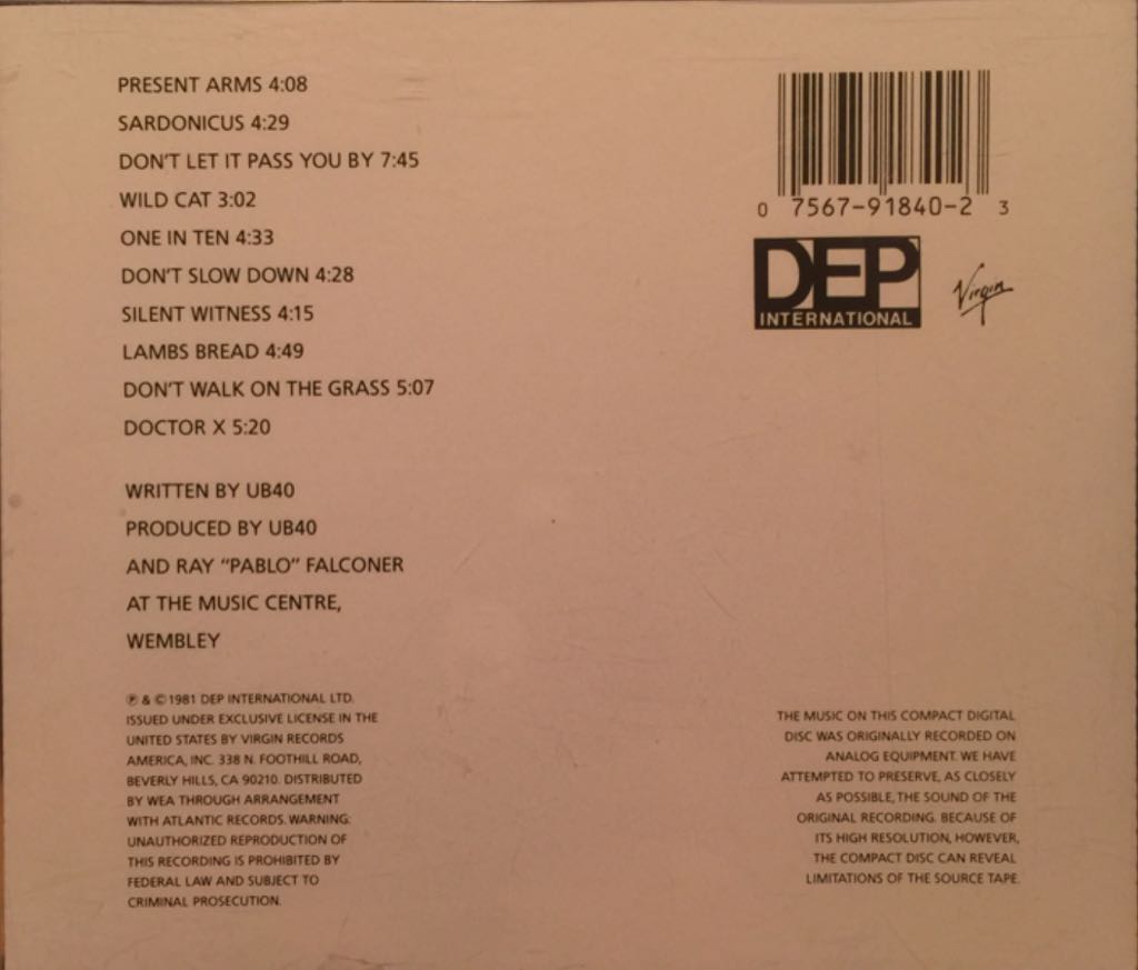 Present Arms - UB40 (CD) music collectible [Barcode 075679184023] - Main Image 2