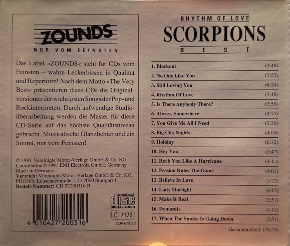Best Of - Scorpions (CD - 77) music collectible [Barcode 4010427200316] - Main Image 2