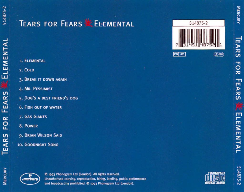 Elemental - Tears For Fears (CD - 46:51) music collectible [Barcode 731451487521] - Main Image 2