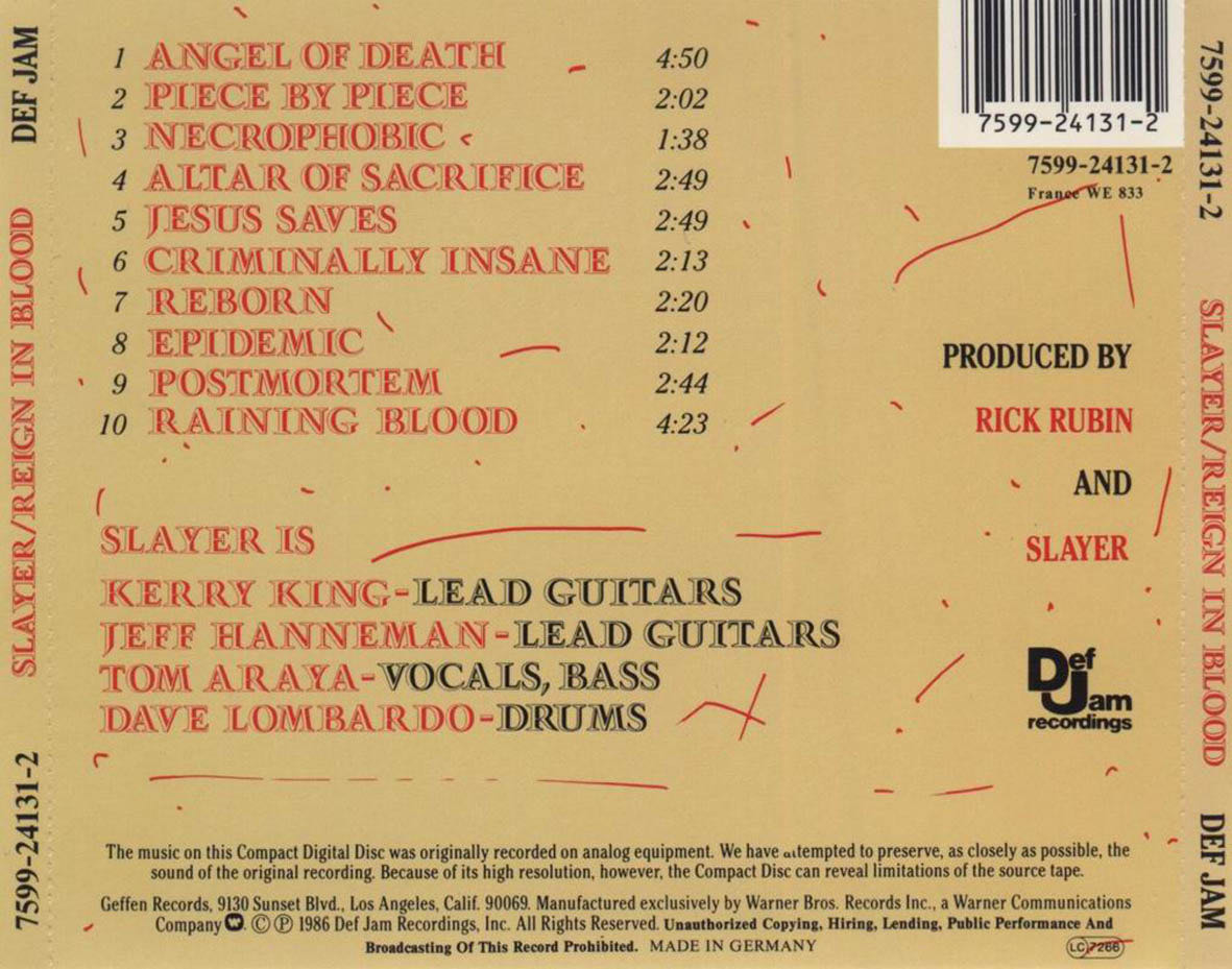 Reign in Blood  - 054 - Slayer (CD - 29) music collectible [Barcode 075992413121] - Main Image 3